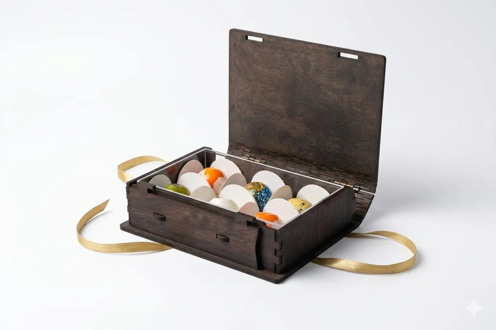 Caja en madera para regalo de chocolates abierta en oscuro 